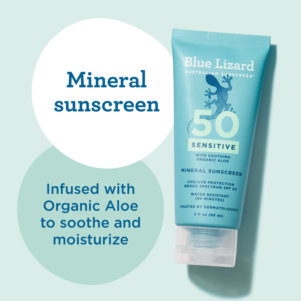 Blue Lizard Sensitive mineral sunscreen SPF 50+ bottle with colour-changing smart cap